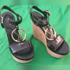 Louis VuittonBlack Exclusive Patent Leather Lv Logo Wedges Sandals, EU Sz 37